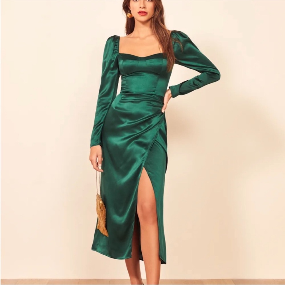Reformation Rey Silk Dress Emerald Green Long Sleeve Midi Dress Size 6